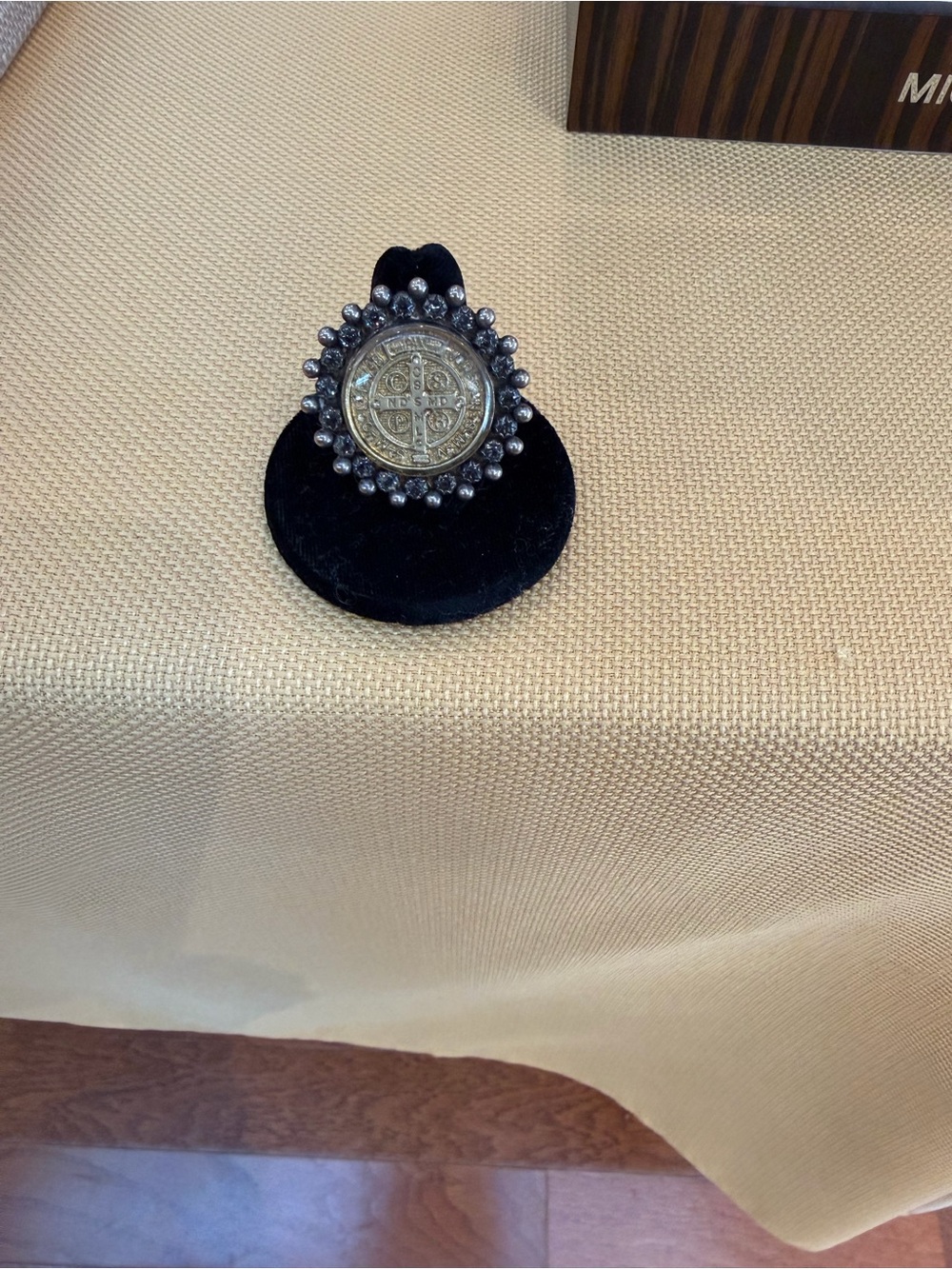 Virgins Saints & Angels Silver Coin Ring with Hematite Bead Halo - Black